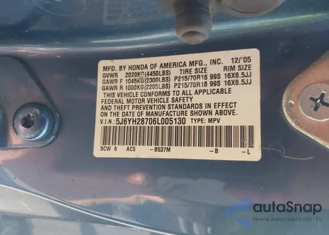2006 Honda Element Ex-P from USA, damaged, VIN 5J6YH28706L005130